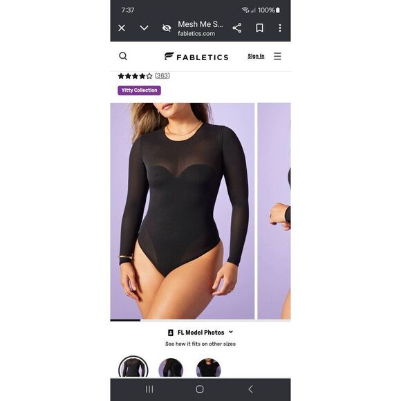 New Small Fabletics Yitty Iconic Black Mesh Me Smoothing Sleeved Thong Bodysuit - Picture 1 of 9